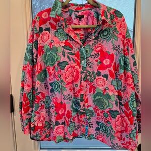 Talbots Plus 2X Pink Red Green Button Down Shirt Cotton Colorful